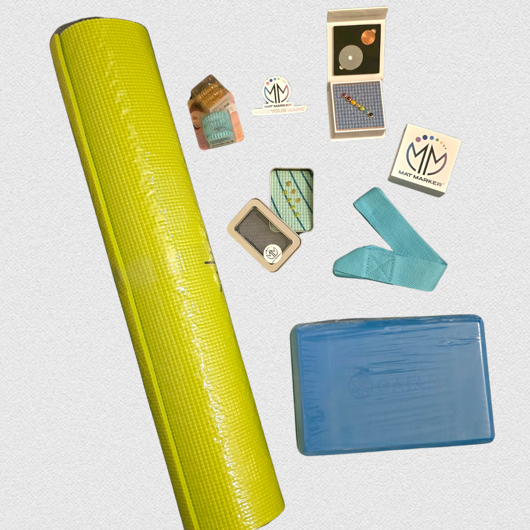 yoga mat, hair ties, yoga strap, yoga mat charms, yoga block