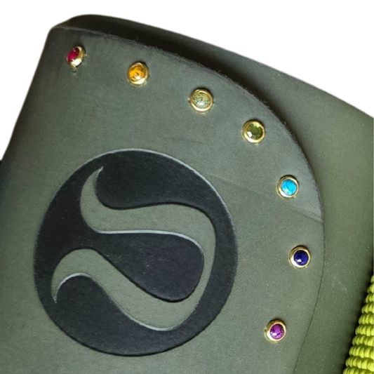 chakra yoga mat charms in gold installed in a lululemon green yoga mat