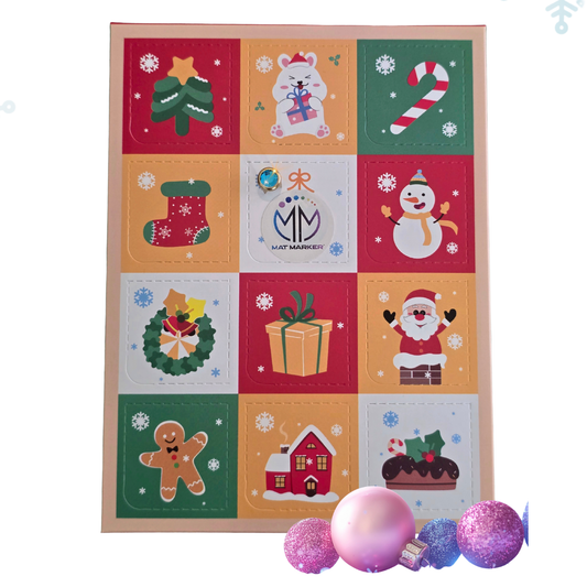 Colorful 12-day Christmas-yoga advent calendar with festive illustrations and decorative balls.