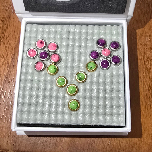 flower yoga mat charm stones in green purple and pink.
