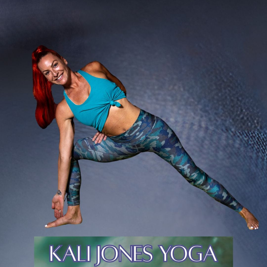 Woman in a yoga pose with 'Kali Jones Yoga' branding on a dark background