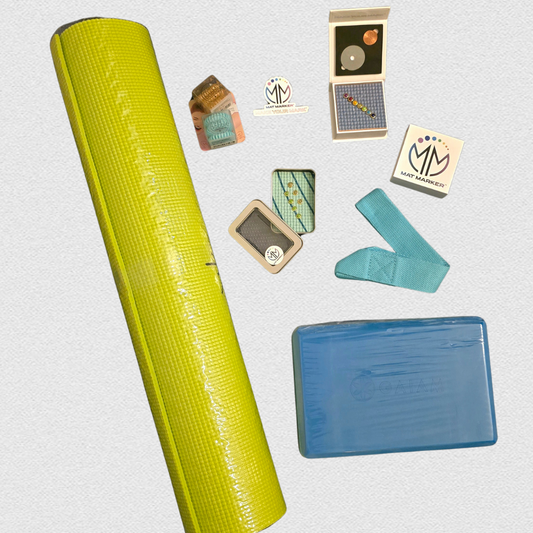 yoga mat, hair ties, yoga strap, yoga mat charms, yoga block
